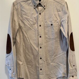 J. Crew Beige Casual Button Down Shirt with Suede Elbow Patches